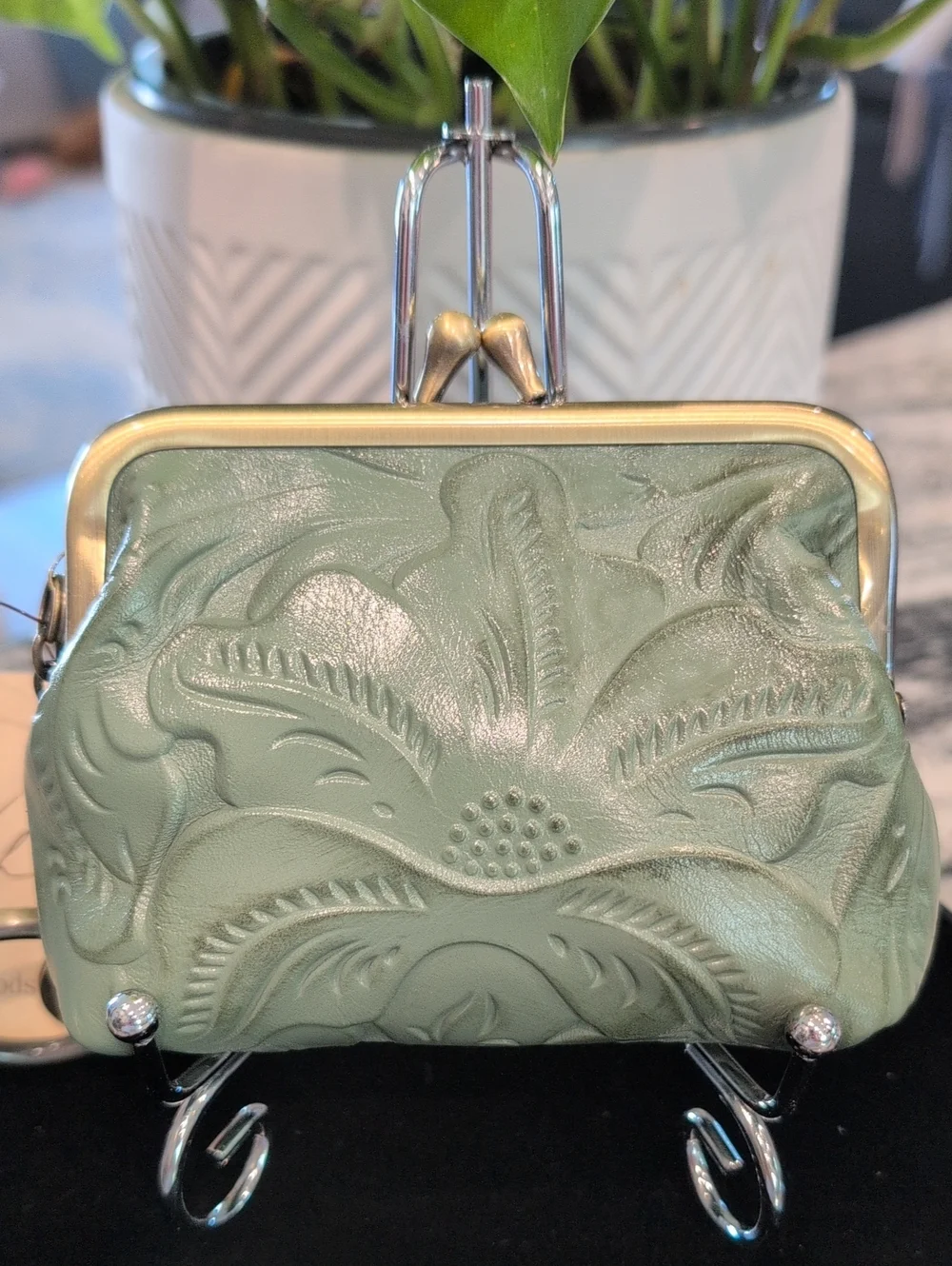 Patricia Nash Sage Green Embossed Leather Kiss-Lock Coin Purse